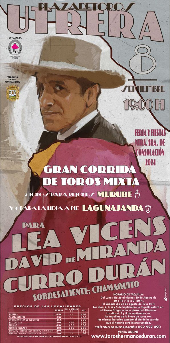 7 TOROS 7 (@7toros7) on Twitter photo ¡UTRERA!
Cuna del todo bravo.
Cartel para el 8 de Septiembre.
<a href="/Torosmurube/">Ganadería MURUBE</a>
<a href="/Lagunajanda/">Lagunajanda</a>
<a href="/LeaVicens/">Léa Vicens</a>
<a href="/DavDeMiranda/">David de Miranda</a>
<a href="/CurroDuran/">Francisco Damián Durán Rubio</a> ¡UTRERA!
Cuna del todo bravo.
Cartel para el 8 de Septiembre.
<a href="/Torosmurube/">Ganadería MURUBE</a>
<a href="/Lagunajanda/">Lagunajanda</a>
<a href="/LeaVicens/">Léa Vicens</a>
<a href="/DavDeMiranda/">David de Miranda</a>
<a href="/CurroDuran/">Francisco Damián Durán Rubio</a>