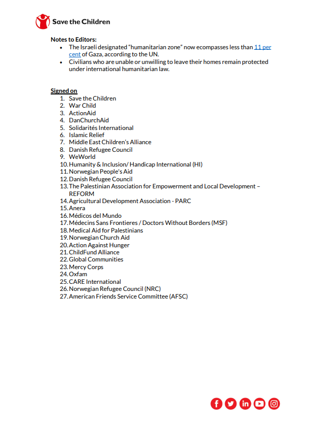 JOINT MEDIA RELEASE: 24 aid agencies say, "new displacement orders issued by Israeli authorities have forced another mass movement of families and humanitarian workers from Deir al-Balah - one of the only remaining areas in #Gaza with essential infrastructure."