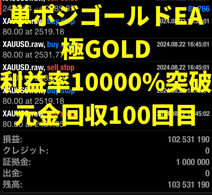 【㊗️単ポジなのに利益率10000%達成‼️】

🐲1万円から利用できる最強無敵EA🐲

🔥🔥🔥極GOLD🔥🔥🔥

✅ナンピンマーチン無し
✅トレイル機能で利益無限大♾️
✅オートロットシステム搭載

【オプチャ人数1100名突破㊗️】

⚠️爆発的に参加者増えてます‼️⚠️
ご参加はこちらから⬇️
line.me/ti/g2/pDZnh4sx…