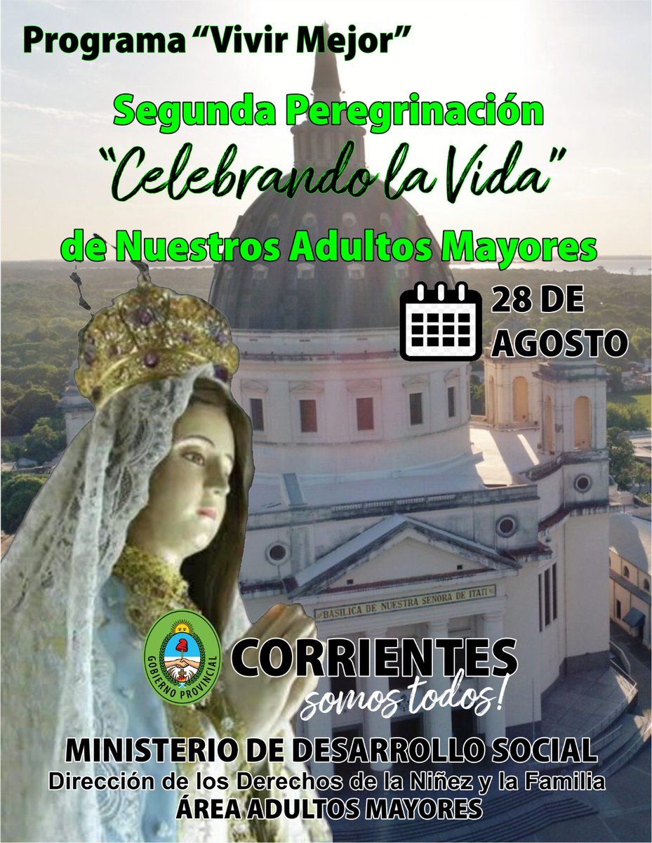 Los Clubes de AM peregrinan a Itatí  🛐

🤝 El Ministerio de Desarrollo Social en el marco de actividades socio-recreativas planificadas para los Adultos Mayores  se preparan para la Segunda convocatoria masiva  de adultos mayores hacia la Basílica de Itatí el 28/08 🛐