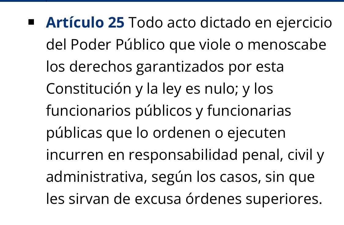 JoseAGraterol's tweet photo. La “sentencia”  es nula. 

En Venezuela, la Constitución establece que la soberanía reside en el pueblo (art. 5) y se ejerce a través del voto, que es un derecho garantizado mediante votaciones libres, universales, directas y secretas (art. 63).

Quien irrespete el ejercicio de la soberanía popular a través del voto incurre en responsabilidad según el artículo 25 de la Constitución.