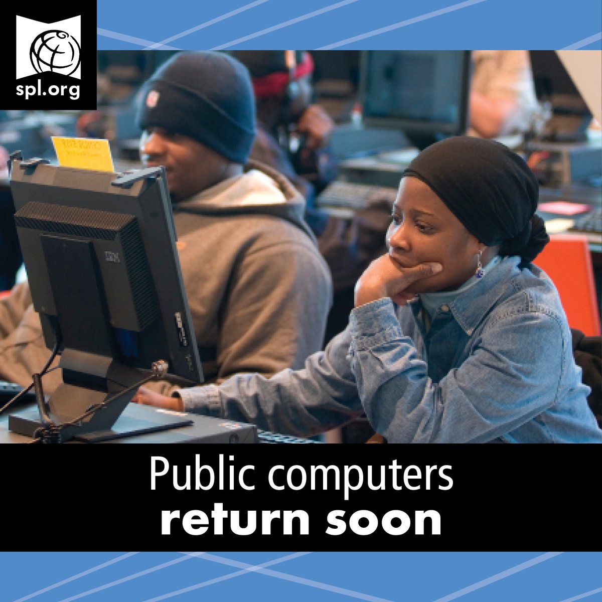 SPLBuzz's tweet photo. 🖥️  Access to public computers, pickup lockers, and the Suggest A Title form will come back the week of September 3rd! 

To see more updates on our recovery, visit https://t.co/h1iJkG4U44 https://t.co/NSXfz840vp