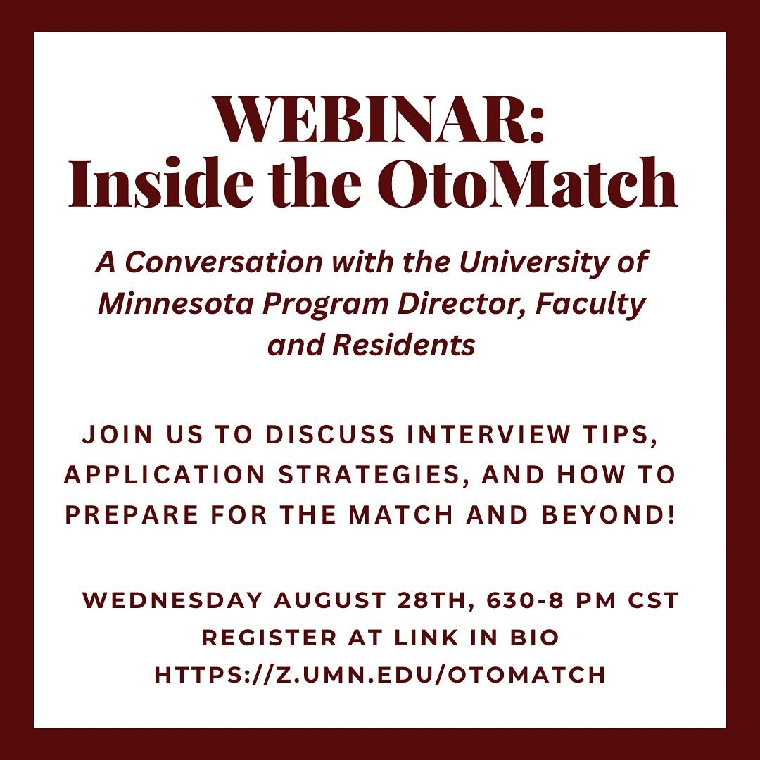 Join our Department Program Director, Faculty and Residents for an informational webinar for all upcoming Otolaryngology Applicants! Link in bio for registration and to submit questions! #ERAS #Residency #Otomatch #OHNS #ENT #Otolaryngology