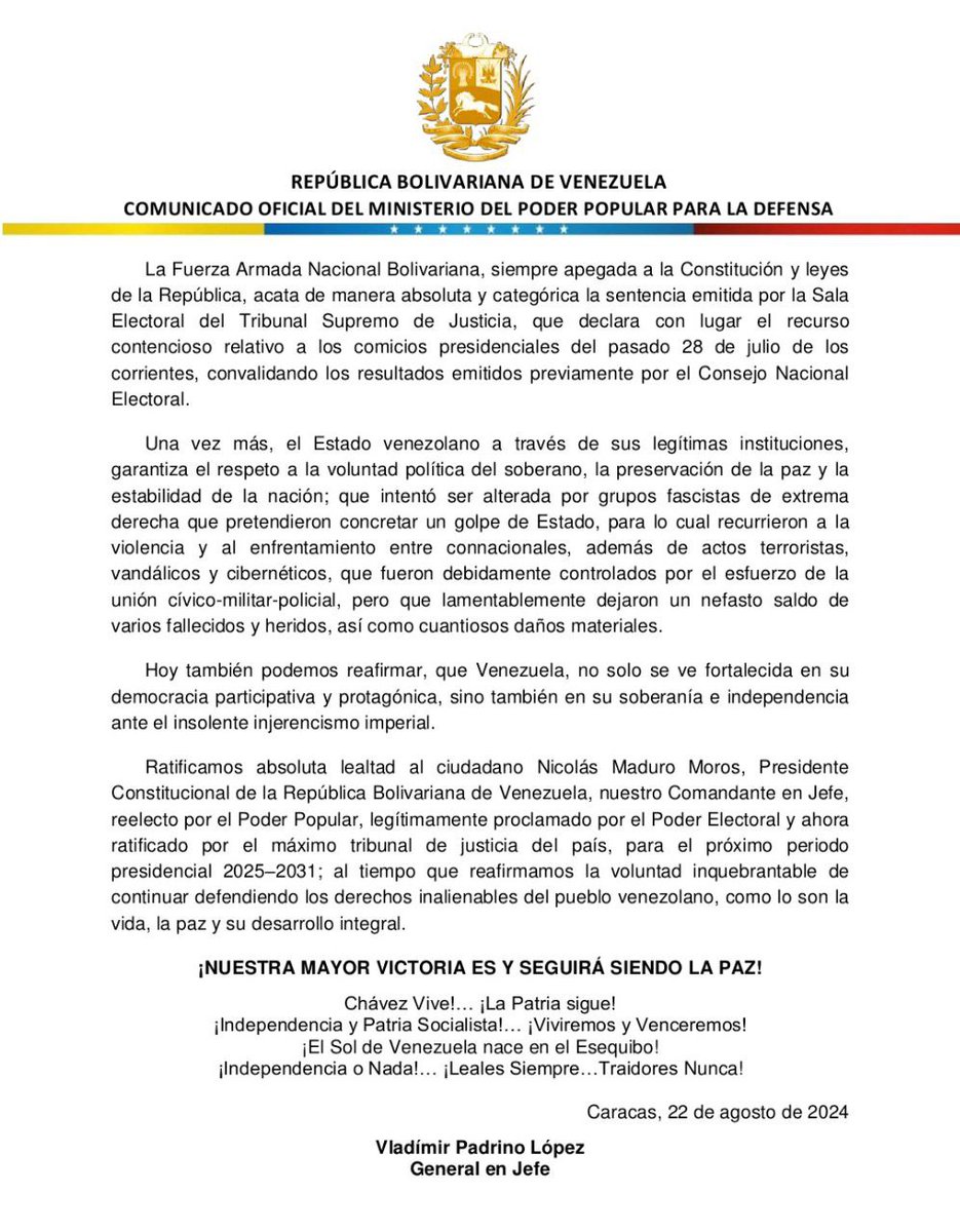 El Ministerio del Poder Popular para la Defensa emite un comunicado en apoyo a la sentencia del TSJ que valida los resultados electorales del 28J. 
La unión cívico-militar se mantiene firme, y Venezuela seguirá defendiendo su paz y soberanía.
<a href="/NicolasMaduro/">Nicolás Maduro</a> 
<a href="/yvangil/">Yvan Gil</a>