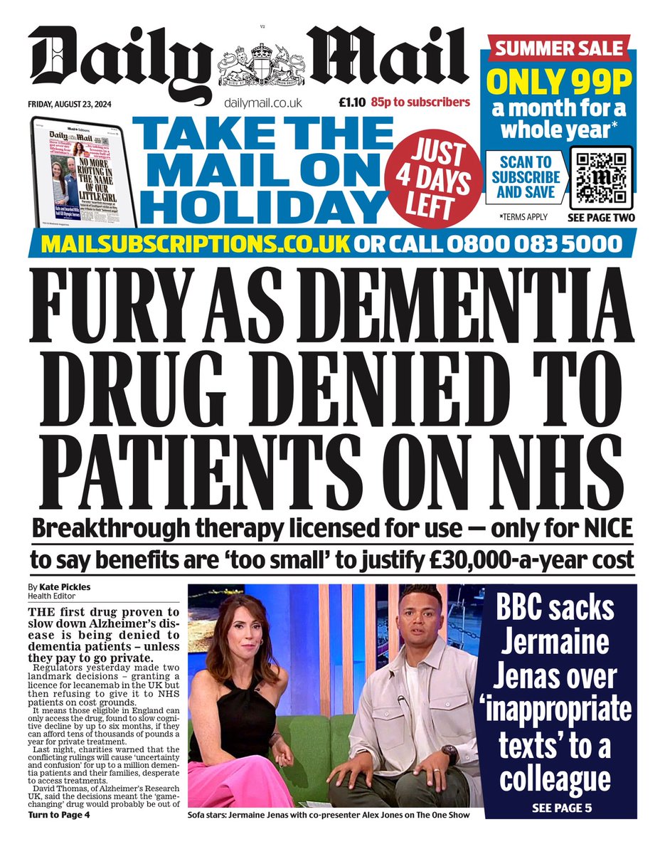Friday’s Daily MAIL: “Fury As Dementia Drug Denied To Patients On NHS” #TomorrowsPapersToday