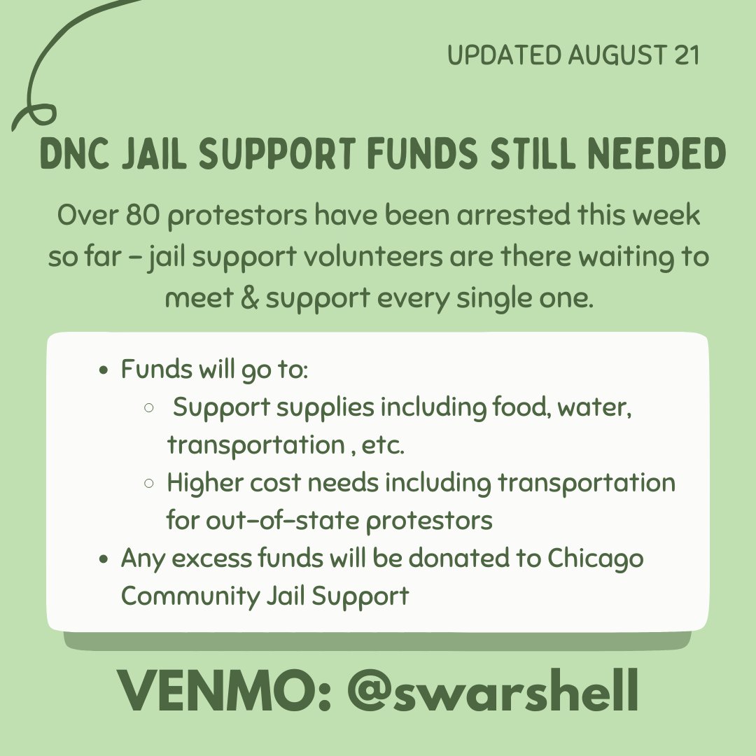 suz (@suzwhoever) on Twitter photo It's the last night of the DNC and hundreds of jail support volunteers are ready for whatever needs come up. Not too late to support this work financially! All leftover funds will go to <a href="/ChiCommunityJS/">Chicago Community Jail Support</a>, which ensures that our support goes beyond isolated protests It's the last night of the DNC and hundreds of jail support volunteers are ready for whatever needs come up. Not too late to support this work financially! All leftover funds will go to <a href="/ChiCommunityJS/">Chicago Community Jail Support</a>, which ensures that our support goes beyond isolated protests