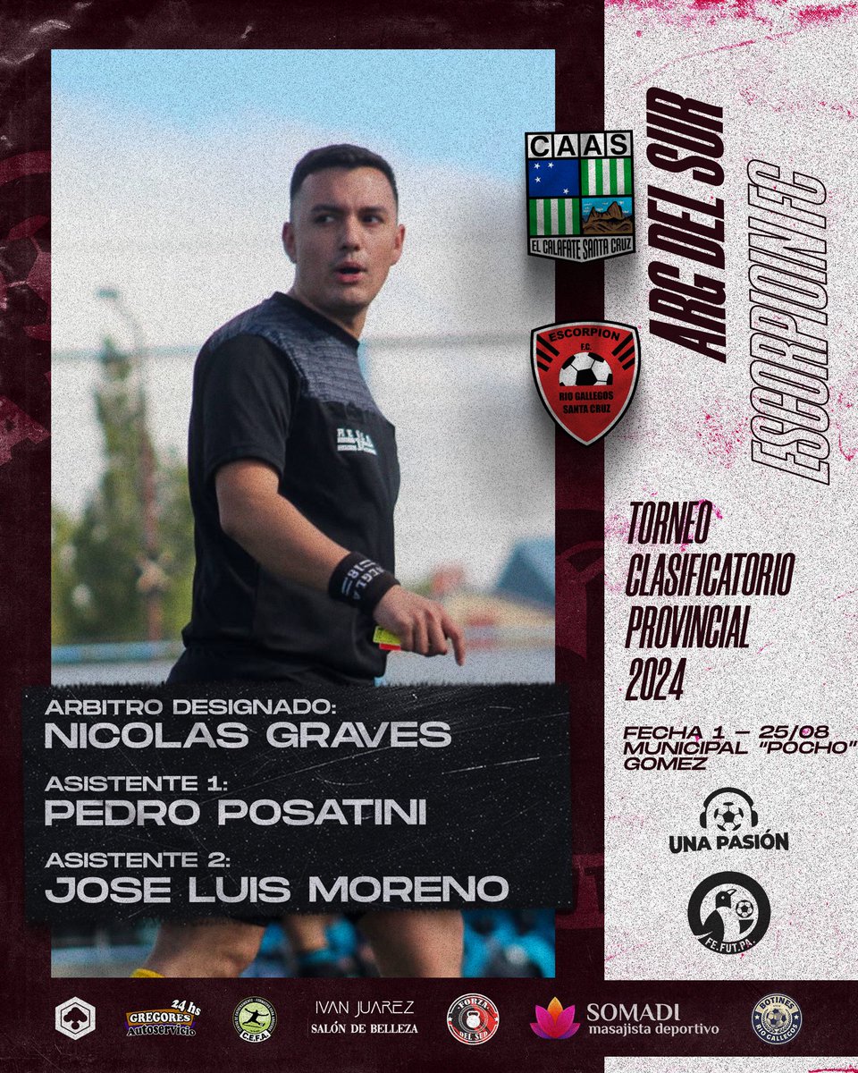 _UnaPasion_'s tweet photo. ⚖️ 𝗡𝗶𝗰𝗼𝗹𝗮𝘀 𝗚𝗿𝗮𝘃𝗲𝘀 será el árbitro principal entre #ArgentinosDelSur vs #EscorpionFC

🏳️ Asistente 1: Pedro Posatini 
🏳️ Asistente 2: José Luis Moreno https://t.co/IfRpAJ5uHI