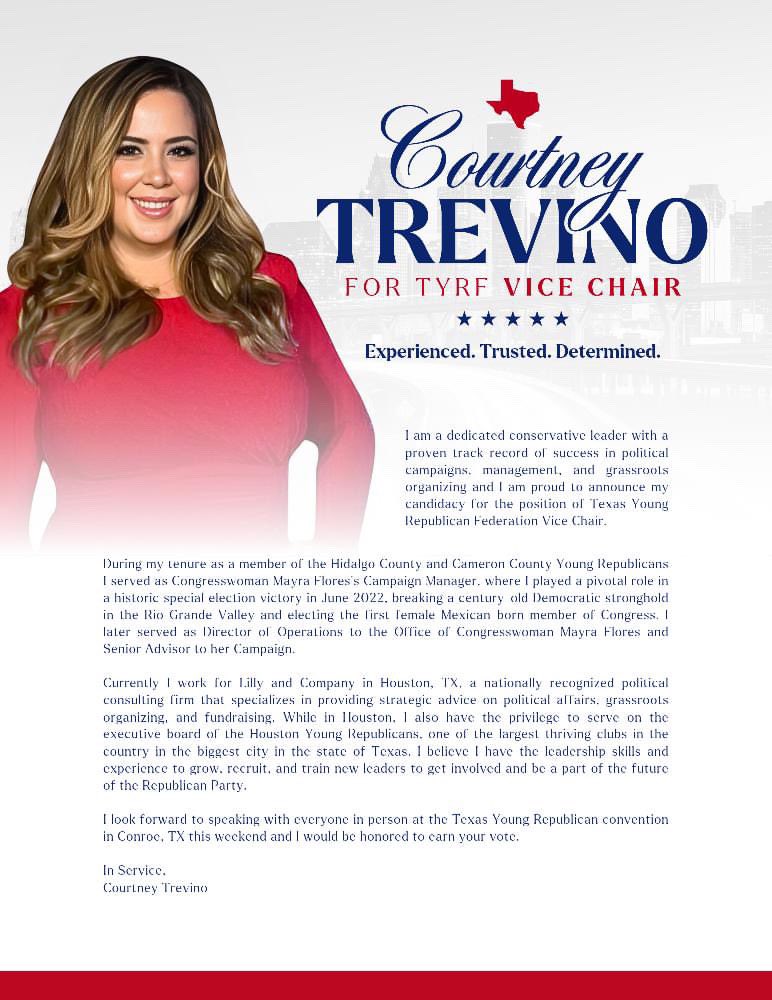CourtneyyAnnTX's tweet photo. π£ ICYMI π¨ I am proud to announce my candidacy for the Texas Young Republican Federation Vice Chair. I am grateful for all the support I have received thus far and I look forward to speaking to everyone in person #TexasYRs #YoungRepublicans #TYRF #LeadRight https://t.co/urb0qgU8Sq