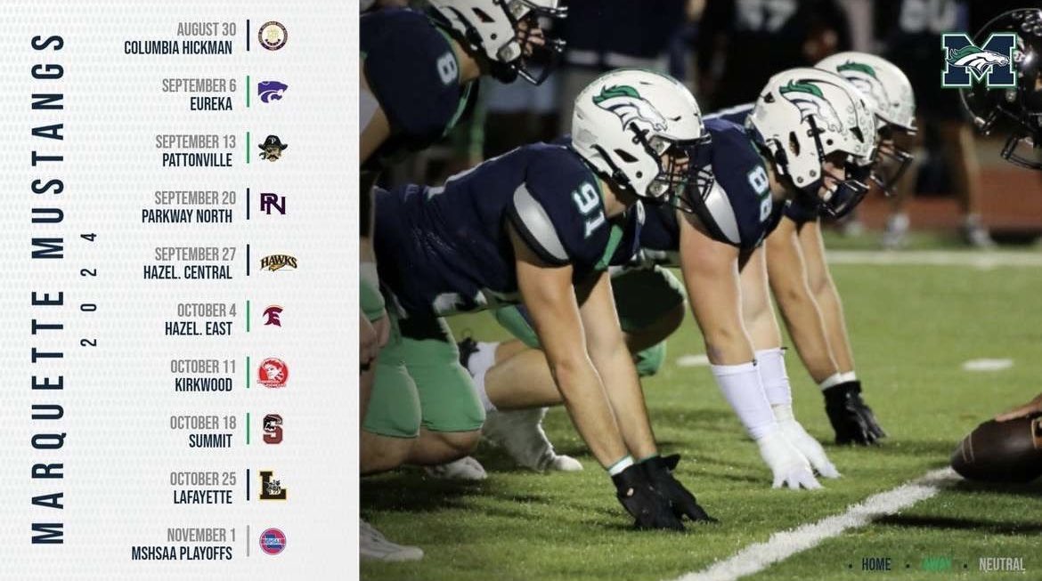 MQStangGang's tweet photo. 🚨 OFFICIAL MARQUETTE FOOTBALL 2024 SCHEDULE 🚨 First game will be next Friday at home against Columbia Hickman. Let’s have a year. #rollstangs https://t.co/8tRFK4ad26