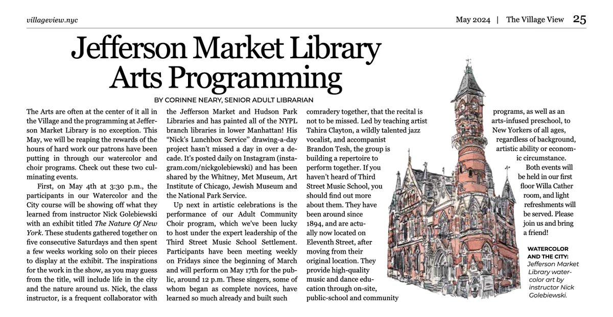 Article in the Village View about my watercolor classes at the Jefferson Market Library.