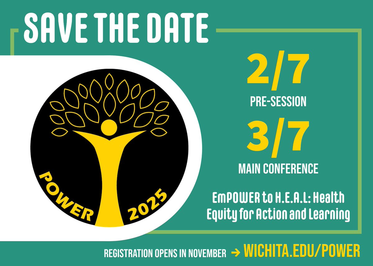 Wichita State University School of Social Work (@wsusocialwork) on Twitter photo Save the date for our 22nd annual POWER Conference <a href="/WichitaState/">Wichita State</a>! Our 2025 theme is "EmPOWER to H.E.A.L. - Health Equity for Action and Learning". Read more at wichita.edu/about/conferen… #socialwork #wichitastate Save the date for our 22nd annual POWER Conference <a href="/WichitaState/">Wichita State</a>! Our 2025 theme is "EmPOWER to H.E.A.L. - Health Equity for Action and Learning". Read more at wichita.edu/about/conferen… #socialwork #wichitastate