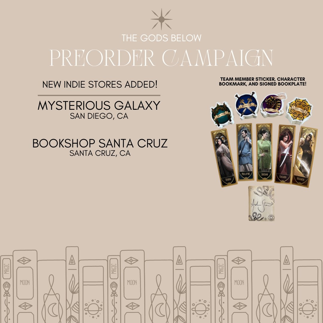 I've added a couple more stores to the preorder campaign for THE GODS BELOW! <a href="/MystGalaxyBooks/">Mysterious Galaxy</a> and <a href="/BookshopSC/">Bookshop Santa Cruz</a> ! I'll also be doing events at both of these stores. I'll put up my list of September events soon! Links to the campaign on my page.