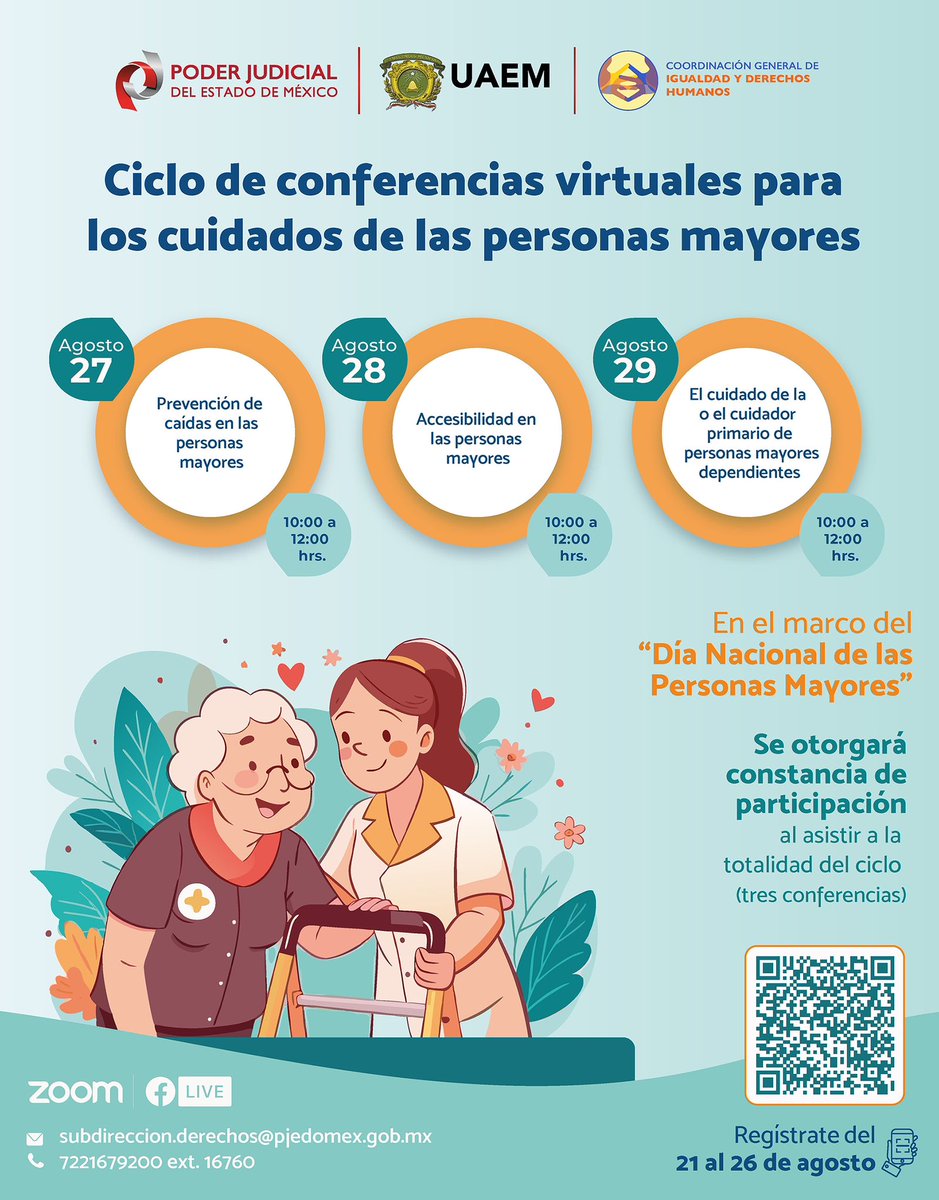 PJEdomex's tweet photo. En el marco del Día Nacional de las Personas Mayores, te invitamos a participar en nuestro ciclo de conferencias virtuales, donde abordaremos temas clave para mejorar la calidad de vida de las personas mayores.

📆 27, 28 y 29 de agosto https://t.co/iRhvMYfvJa