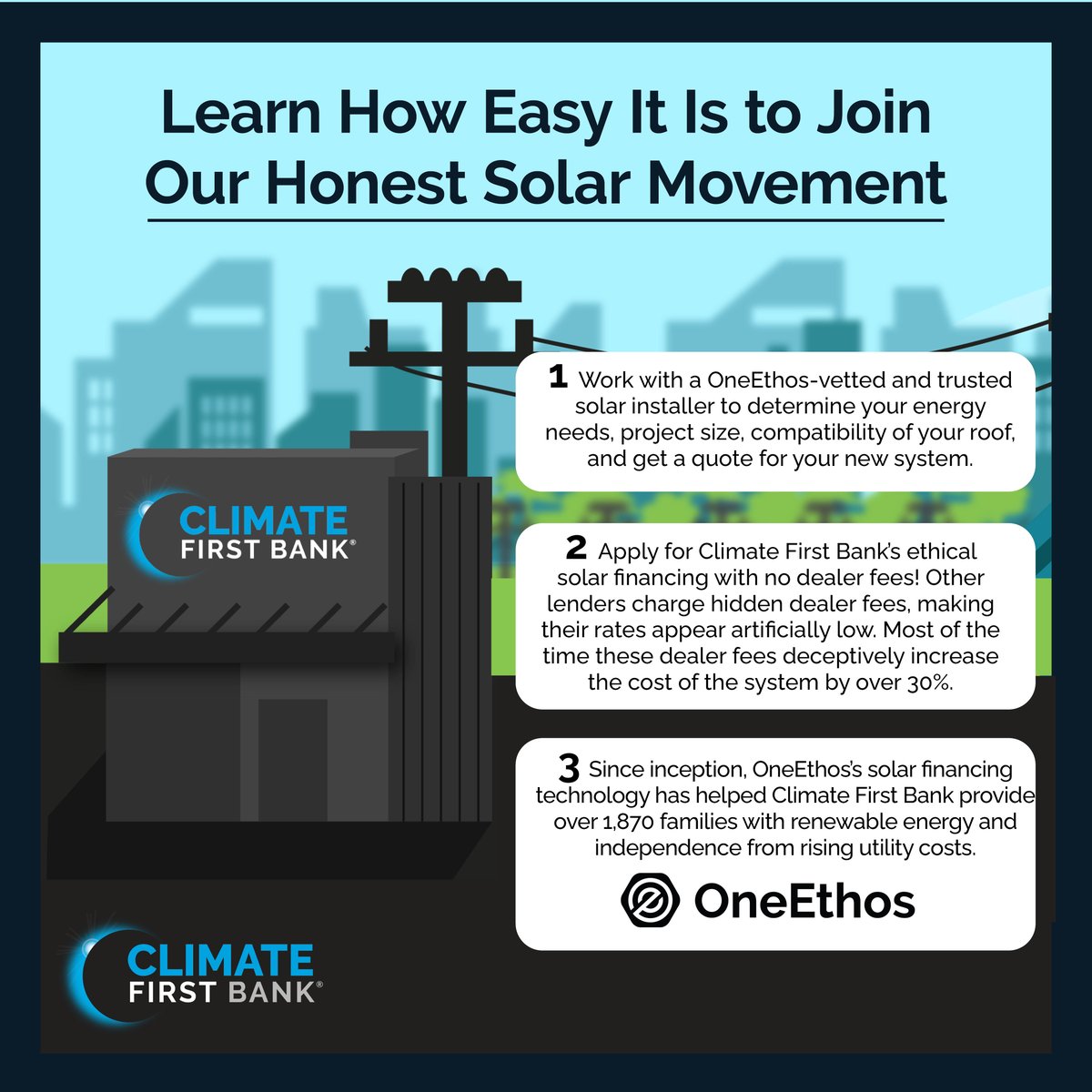 climate1stbank's tweet photo. How easy is it to join our honest solar movement? ☀️ Easy enough that over 2,500 families now have renewable energy thanks to OneEthos and Climate First Bank. 🎉💙 Learn more below ⬇️ and dive deeper here: https://t.co/xw05sAR3Yk 🔗 #SolarFinancing #RenewableEnergy #SolarEnergy https://t.co/tF0eMi2Wc1