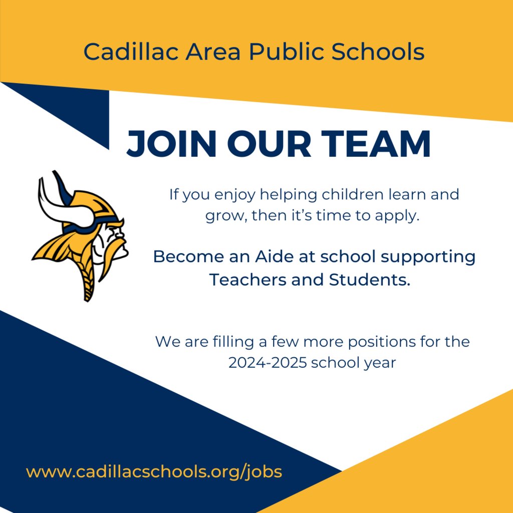 CadillacSchools's tweet photo. If you have a passion for helping children, apply today to become an Aide at Cadillac Schools.  https://t.co/v5a6d1Tdzg https://t.co/g9HDkn15kT