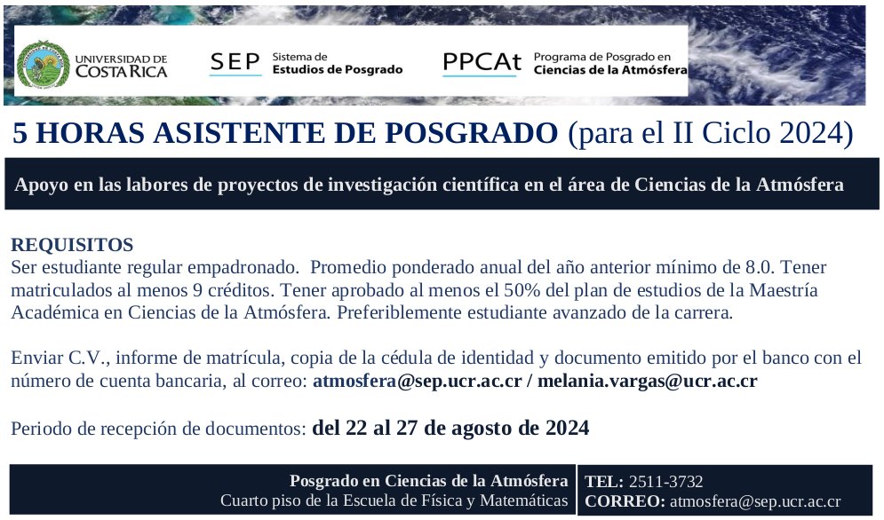 #HorasAsistentePosgrado

Disponibilidad de horas asistente de posgrado en Ciencias de la Atmósfera.

correo: atmosfera@sep.ucr.ac.cr