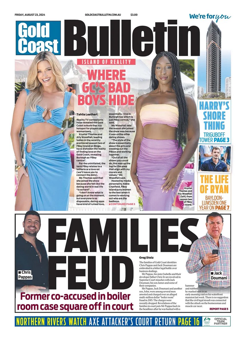 🇦🇺 Families Feud

▫Hammer attack, muscle car racer, and the multimillion-dollar ‘boiler-room’ feud
▫<a href="/GregStolzJourno/">Greg Stolz</a>

#frontpagestoday #Australia <a href="/GCBulletin/">Gold Coast Bulletin</a> 🇦🇺