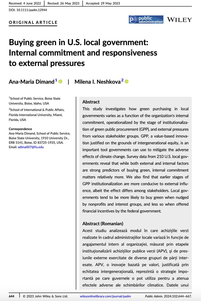 PA Journal (@journal_pa) on Twitter photo Have you read "Buying green in U.S. local government: Internal commitment and responsiveness to external pressures" by <a href="/AnaDimand/">Ana-Maria Dimand</a> and Milena Neshkova in Volume 102(2) yet?
onlinelibrary.wiley.com/doi/10.1111/pa… Have you read "Buying green in U.S. local government: Internal commitment and responsiveness to external pressures" by <a href="/AnaDimand/">Ana-Maria Dimand</a> and Milena Neshkova in Volume 102(2) yet?
onlinelibrary.wiley.com/doi/10.1111/pa…