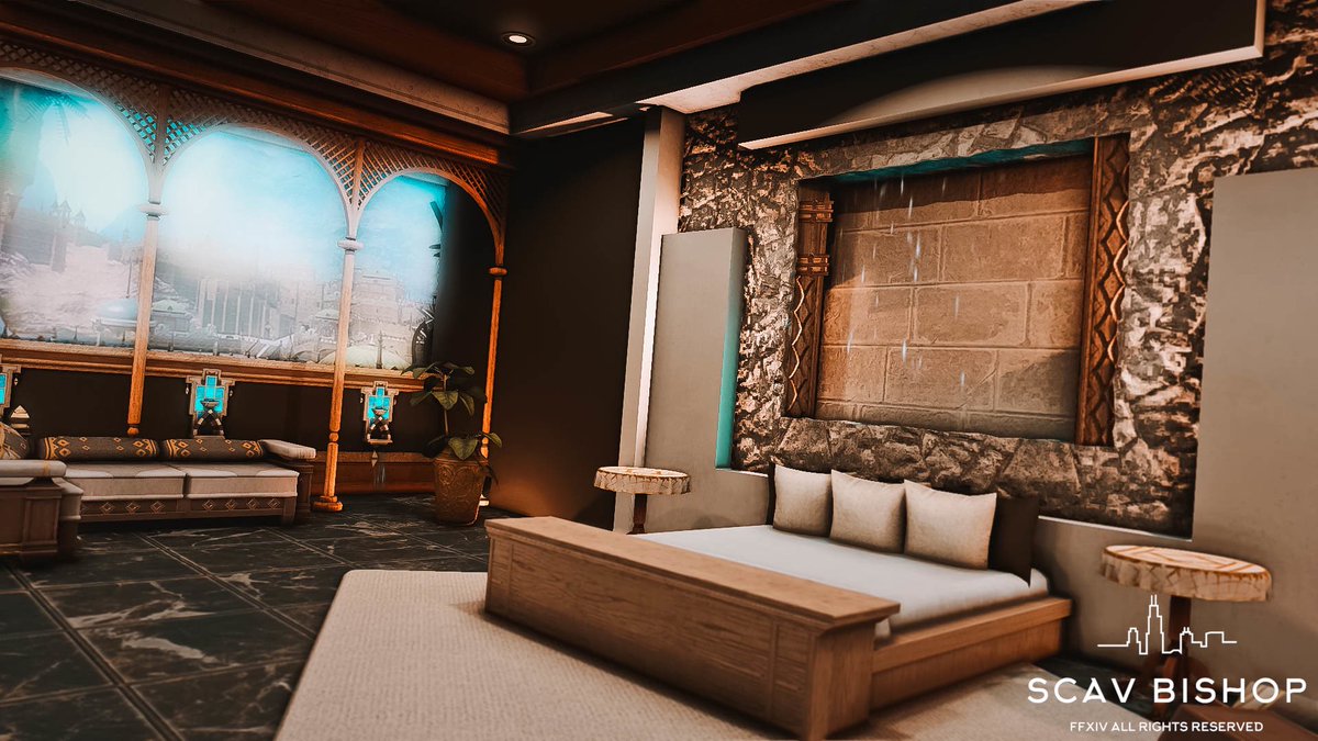 A modern Arabesque house for @vailxiv, I think I’ll name it….. “Lam’at Al-Layl” 

#FFXIVHousing #FinalFantasyXIV  #ff14 #ff14ハウジング #FFXIV #HousingEden