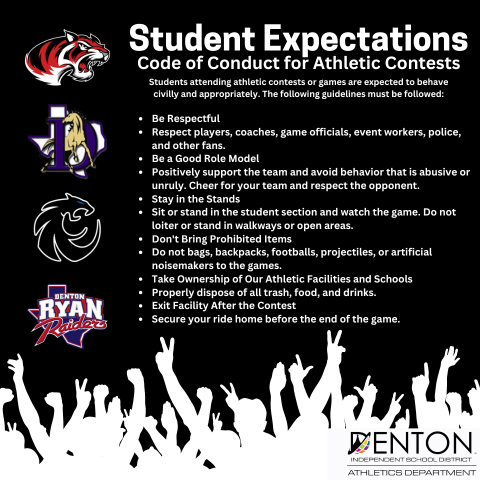 As we prepare for athletic contests held at our athletic facilities...students, please be aware of the expectations for conduct. We want everyone to have a safe and enjoyable time! #ExcellenceIsStandard