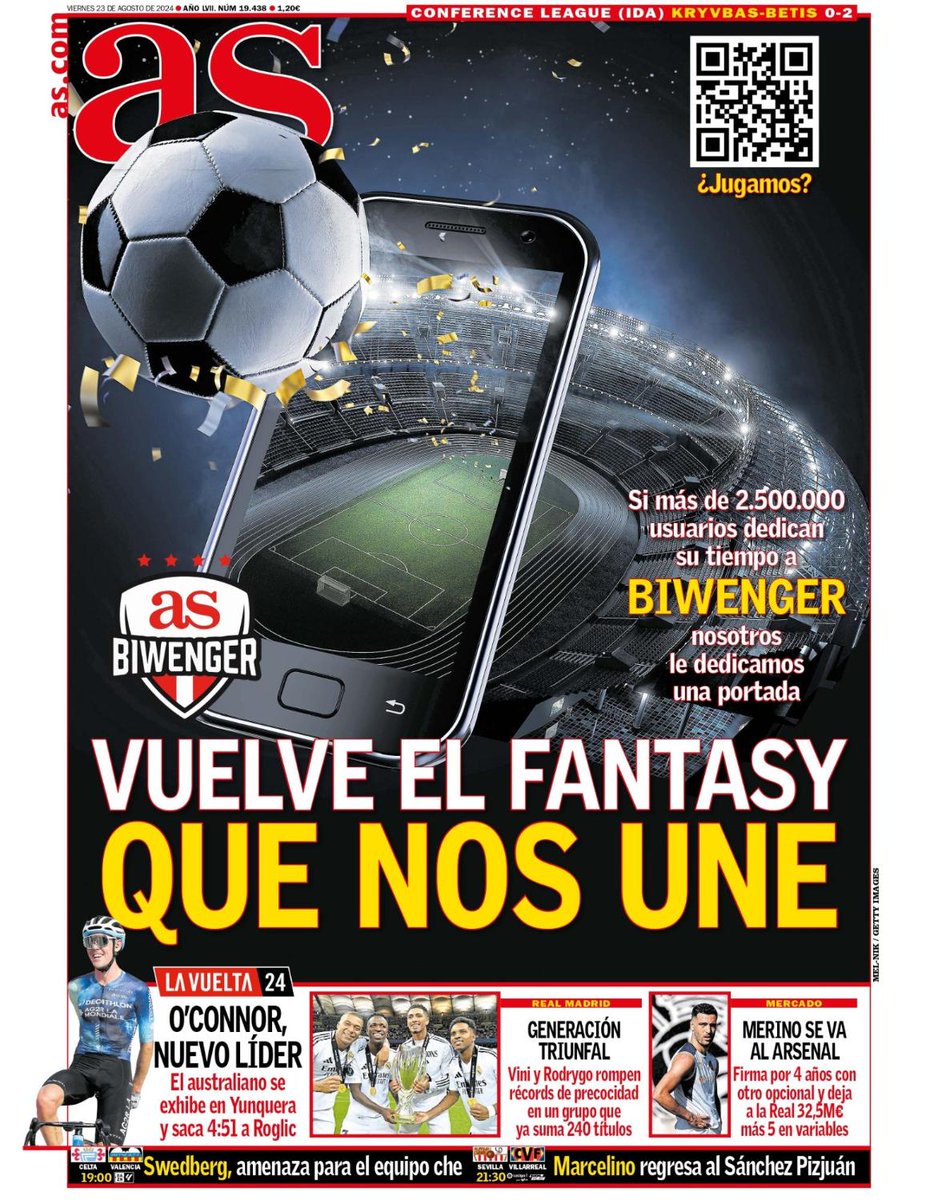 📰 Ya tenemos la #PortadAS del 23 de agosto

📱 Vuelve el Fantasy que nos une

Suscríbete a AS 👉 bit.ly/4aERWw1