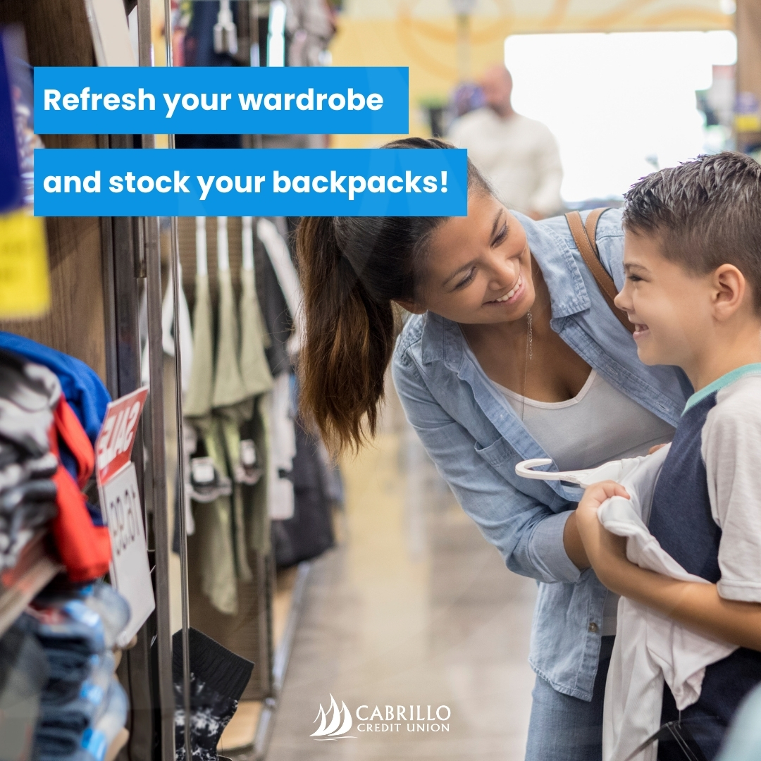 cabrillocu's tweet photo. Refresh your wardrobe and stock your backpacks! 

Cabrillo Credit Union's personal loans help you cover everything from trendy back-to-school clothing to essential classroom supplies. 

Take advantage of our competitive rates and convenient terms.

https://t.co/jbCZUlV32S https://t.co/FkjO6QVrPb