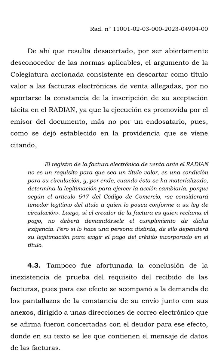 marcoalvarezg's tweet photo. Que se diga una vez más: para librar mandamiento de pago, el juez no puede exigir la inscripción de la aceptación expresa o tácita de la factura electrónica en el RADIAN, salvo que hubiere circulado. https://t.co/wgjHUDHoRP