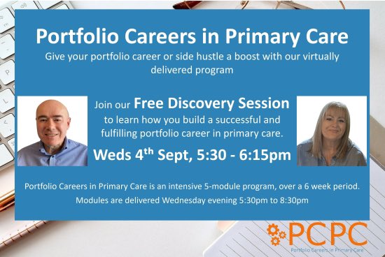 Are you ready to build your PORTFOLIO CAREER in PRIMARY CARE?
 
Register here: eventbrite.co.uk/e/portfolio-ca…
 
For PMs, GPs, or anyone in primary care

Join our FREE Discovery Session Wed 4 Sep 17:30 to 18:15 to find out how to build your Portfolio Career in Primary Care.