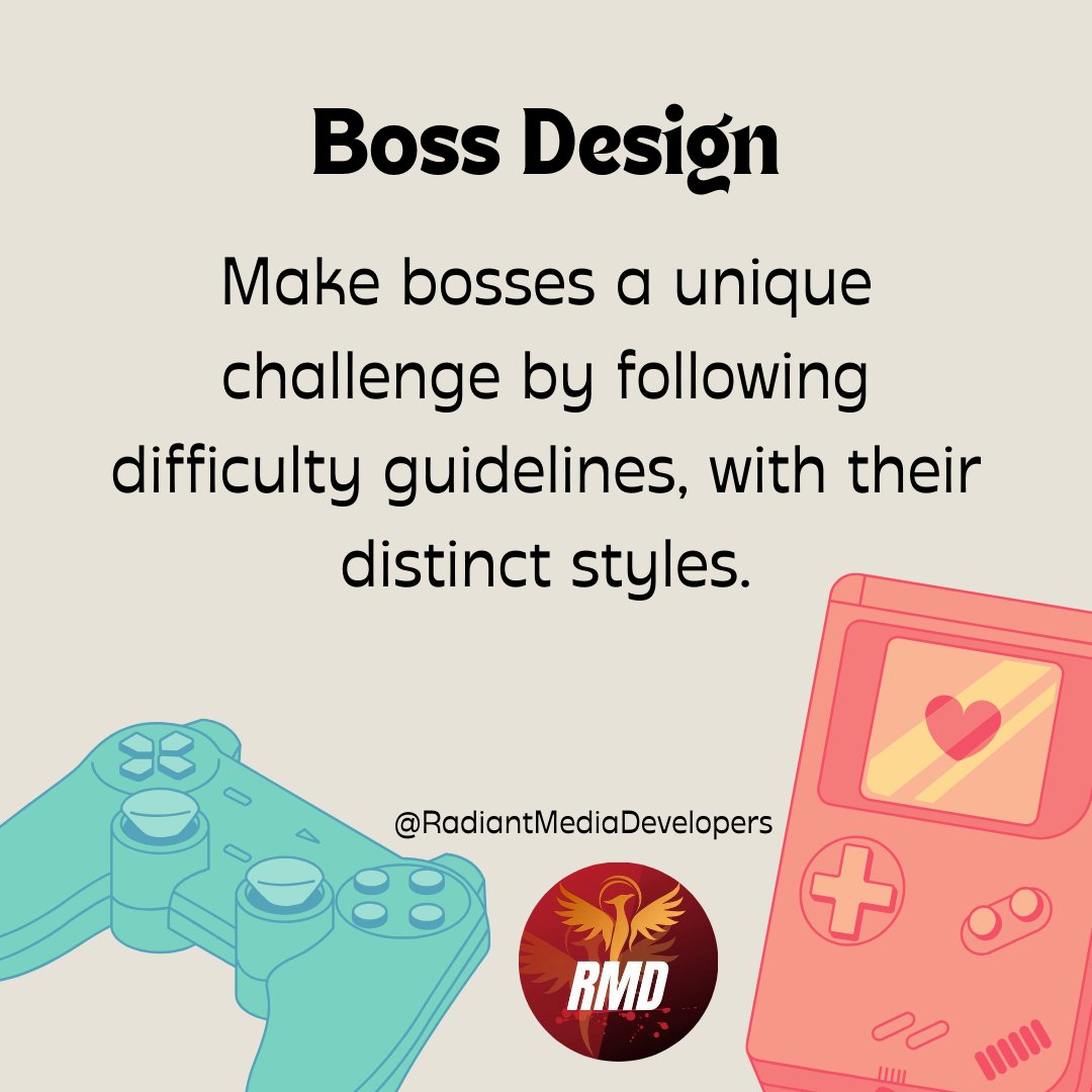 RMD_create's tweet image. 👾 Boss Design: Craft bosses to be unique challenges with distinct styles, following difficulty guidelines. Create memorable encounters for players! 

#GameDev #BossDesign #GameDesign #IndieGame #Gameplay #GameDevelopment #LevelDesign #CreativeDesign #GamingCommunity #GameTips