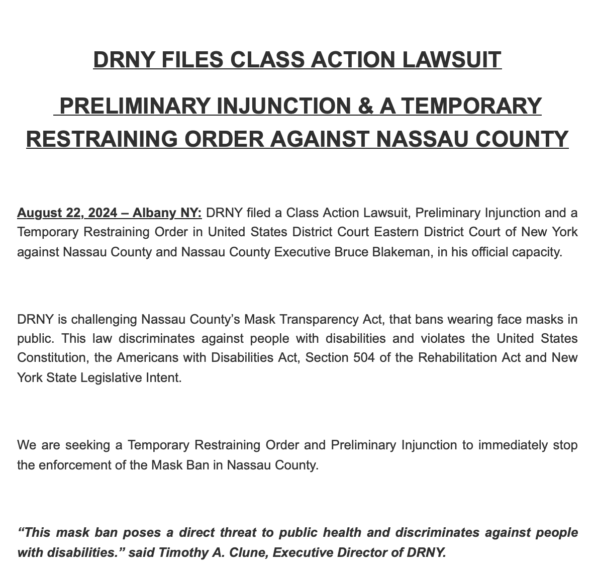 BREAKING: Disability Rights New York has filed a class action lawsuit against Nassau County.

They are seeking a preliminary injunction and a temporary restraining order to stop enforcement of the mask ban in Nassau County.

Link to lawsuit: dropbox.com/scl/fi/i76648z…