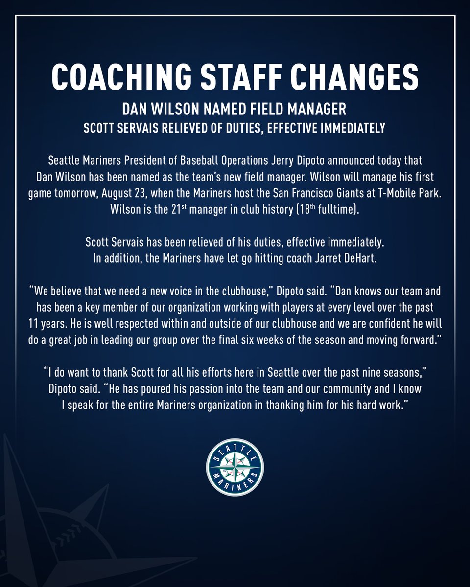 Mariners's tweet photo. President of Baseball Operations Jerry Dipoto announced today that Dan Wilson has been named as the team’s new field manager.

Read more: https://t.co/P5T29eYV2S https://t.co/gzvUCZzEEP
