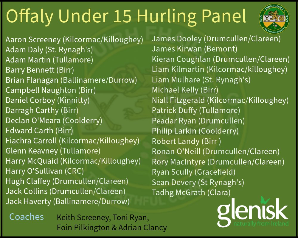 𝙐𝙣𝙙𝙚𝙧 ❶❺  𝙃𝙪𝙧𝙡𝙞𝙣𝙜 

𝐉𝐨𝐡𝐧 𝐃𝐨𝐲𝐥𝐞 𝐇𝐮𝐫𝐥𝐢𝐧𝐠 𝐓𝐨𝐮𝐫𝐧𝐚𝐦𝐞𝐧𝐭 

Our under-15 hurlers are heading for the beautiful town of Kllenaule, Co. Tipperary to compete in the annual John Doyle Memorial hurling tournament on Saturday.

The lads are guaranteed 2