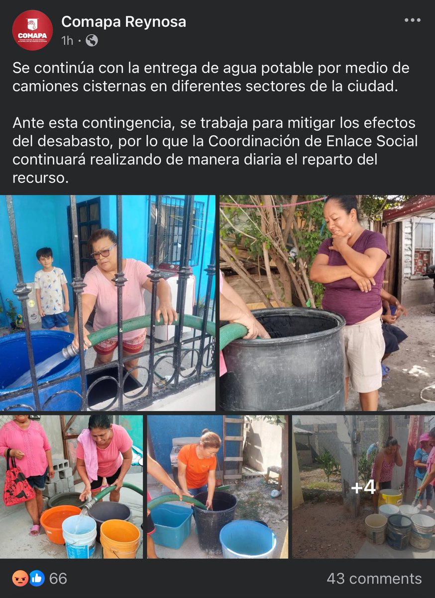 PhotogDina's tweet image. 🚨🚨WATER UPDATE: A Mexican newspaper is telling Matamoros (across from Brownsville, TX) residents to fill buckets w/ water because 220 neighborhoods will be cut off on Saturday.

Meanwhile, Comapa Reynosa has been trucking in water there &amp;amp; filling cisterns for Reynosa residents.