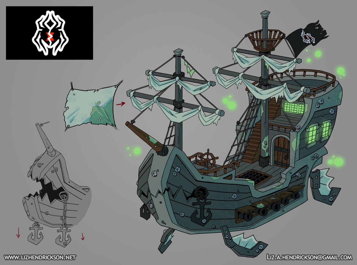 lizannamae_h's tweet image. A new character/prop portfolio I put together recently for some zambo pirates I designed a few years ago. Here's the captain, cabin boy and ship with props.
