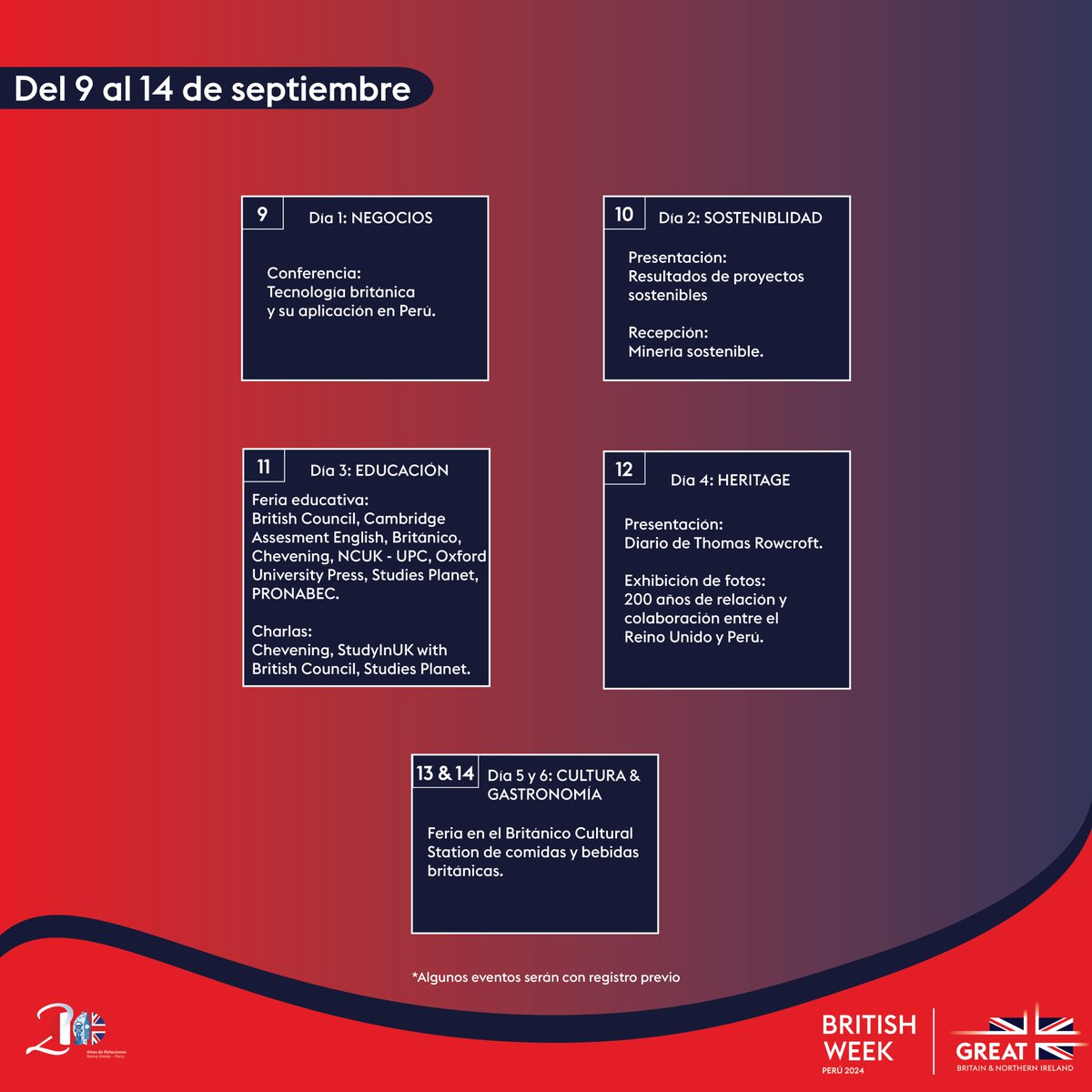 UKinPeru's tweet photo. #BritishWeek24 Agenda ‼️
Nos estamos preparando para la Semana Británica 2024 🇬🇧. Les compartimos la agenda de los eventos que tendremos. Pronto estaremos publicando mayor información sobre cada evento y los links de registro.
Cuéntanos, ¿a qué evento te gustaría asistir? 🌟 https://t.co/by6iindseg