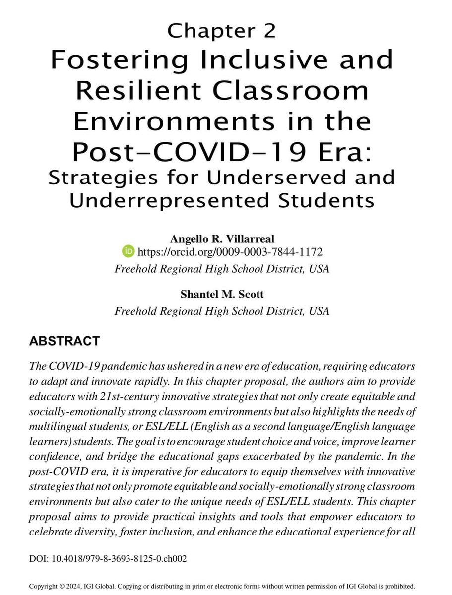 So proud to share the chapter that I was able to co-write with Dr. Angello Villarreal. This chapter is all about Inclusivity &amp; Resilience for our underrepresented and underserved students. We discuss one of my superpowers, building strong relationships in diverse classrooms!
