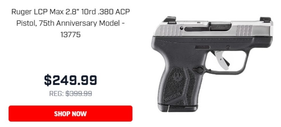 AKballistics's tweet photo. ⭐️🔥➡️ https://t.co/6VdL4fyZ18
Ruger LCP MAX .380 auto just **$249.99** at PSA.
Affiliate 🔥
#380auto #380acp #Ruger #LCPMAX #GunDeals #Guns #Firearms #EDC #PocketPistol #2AShallNotBeInfringed
@palmettoarmory https://t.co/GwUcjKWkeo