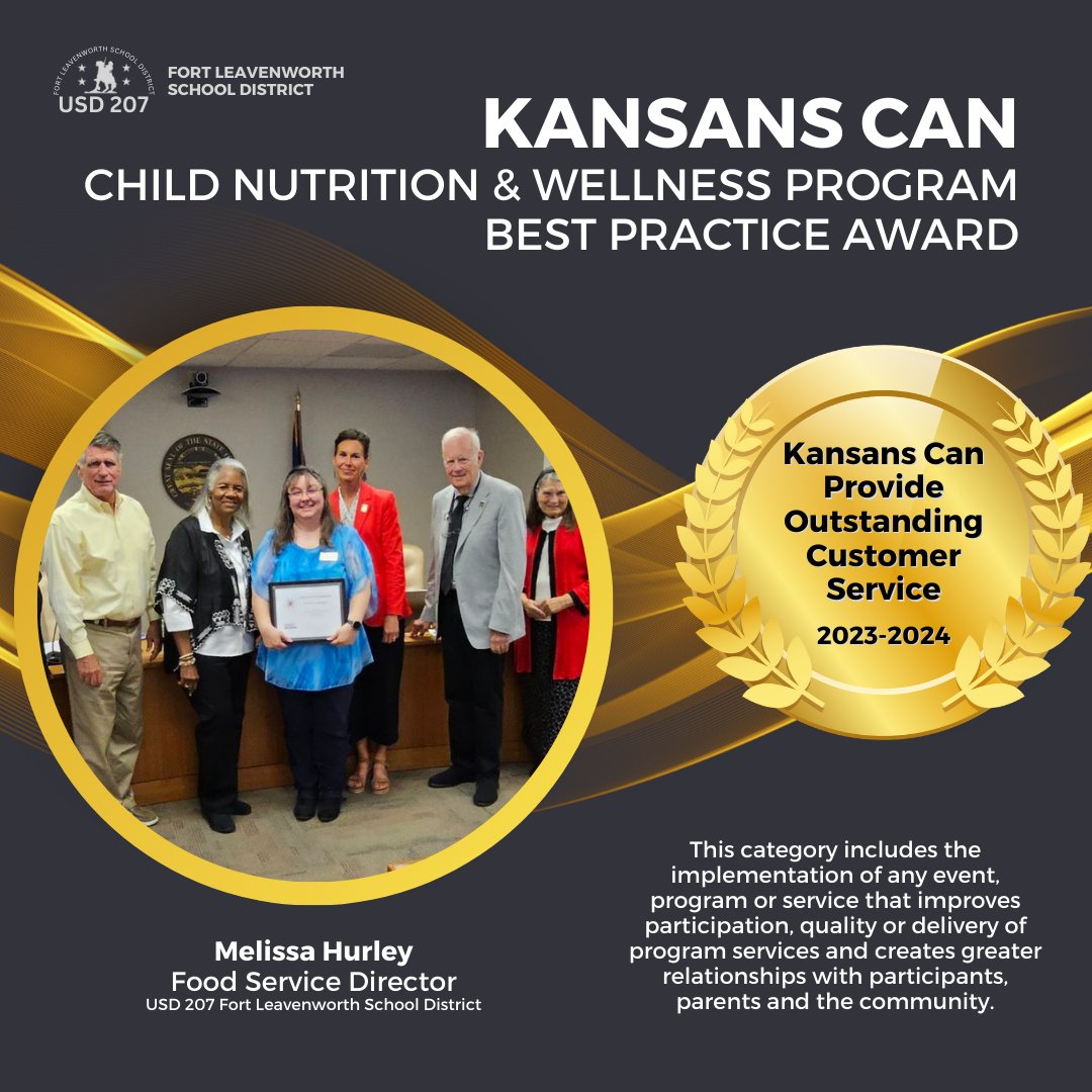 Congratulations to our amazing Food Service team!! 🎉

On behalf of the USD 207 Food Service Department, Melissa Hurley accepts the Kansas State Department of Education Child Nutrition &amp; Wellness program’s 2023-24 Best Practice award for "Kansans Can Provide Outstanding Custo ...