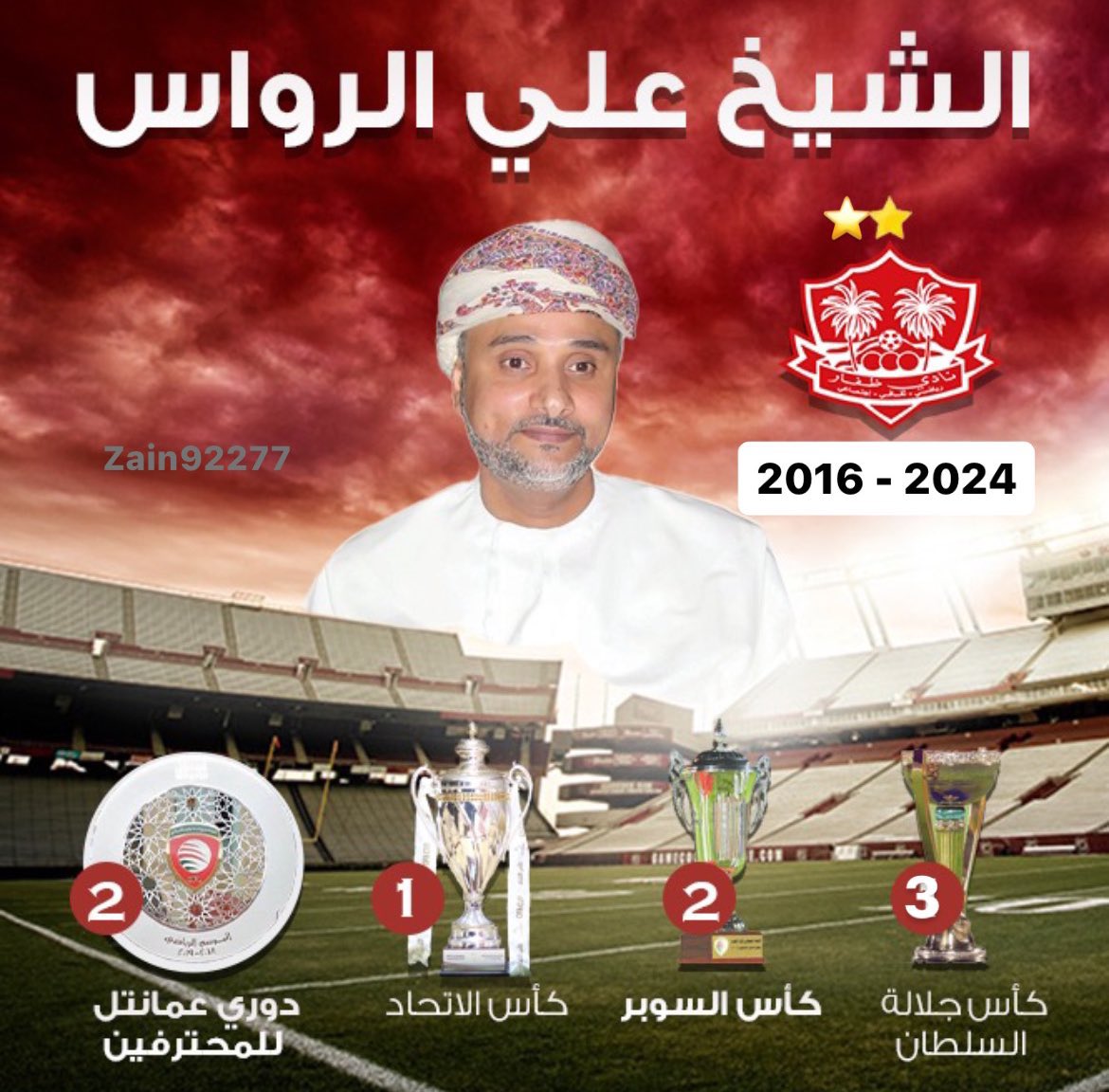 #شكرآ_الشيخ_علي_الرواس 
ابوسعيد خلال 8 سنوات حقق بطولات اكثر من ثلثي اندية عمان خلال نصف قرن، وبظروف صعبة وغير محفزه. فترة ذهبية اخرى في تاريخ الزعيم. شكرا ابوسعيد على المال والجهد والوقت المبذول لرفع اسم نادي ظفار. وكان ختام المسيرة مرصع ب8 بطولات ذهبية اكدت الريادة والزعامة.