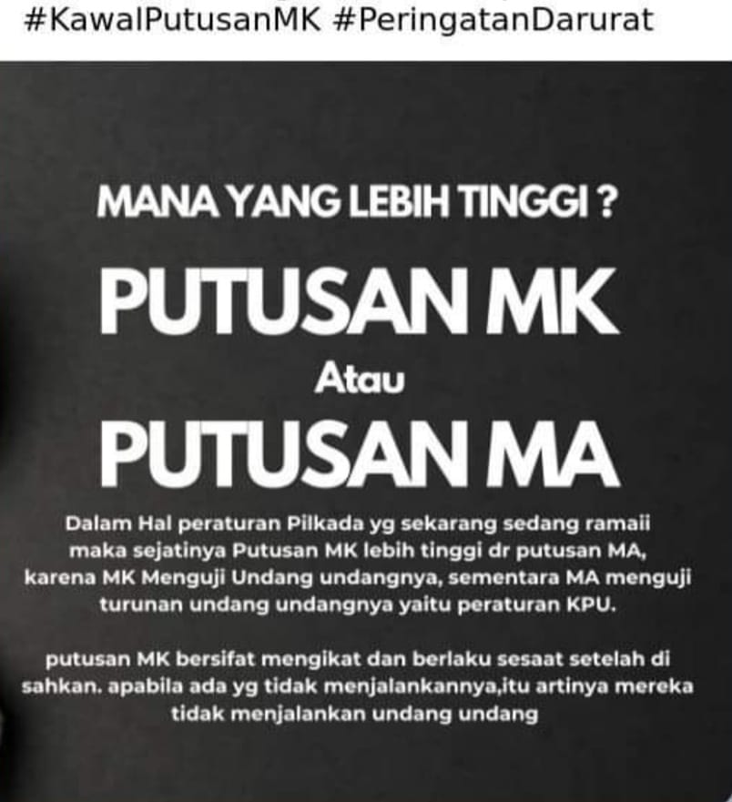 Putusan  MK atau Putusan MA?

Ada yg khawatir bola panas dilempar DPR ke KPU utk tetap meloloskan <a href="/kaesangp/">“kak” Kaesang</a> . Haha tenang aja, sengketakan saja di MK nanti bila dia lolos pilkada. Yakin TOK dibatalkan MK.

#KawalPutusanMK #KawalDemokrasi