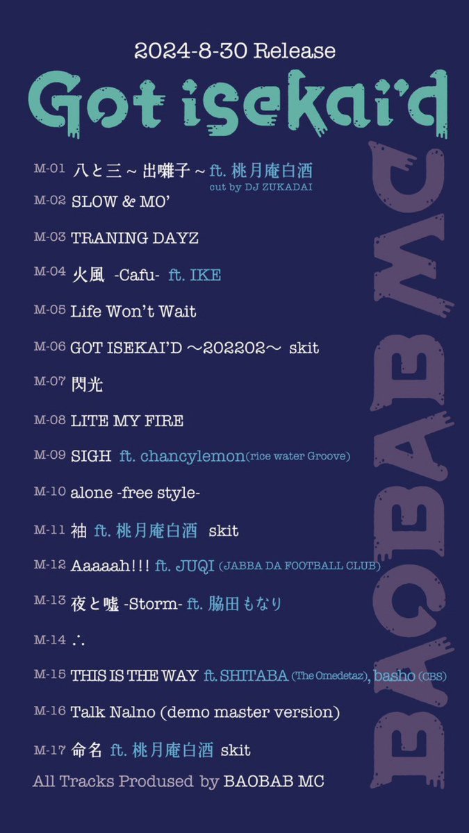 juqi_0810's tweet photo. 客演させてもろてからに。
BAOBAB  MC『GOT ISEKAI'D』 M-12 Aaaaah!!! 

提供するとか誰かのための曲作りが多くなってたけど久しぶりに好き勝手自分のために音楽やった気が

良い機会与えてもろて毎度おおきにバオはん。
8/30リリースだけど先行曲出てるらしいので要チェケラ。 https://t.co/Fn1Nk8YzRB