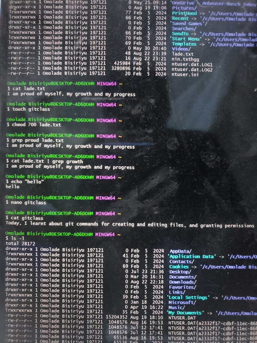 BisiriyuOmolade's tweet photo. Day 24/25 of the WiDA Data Challenge
I continued practicing some of the git commands for creating and editing files and for granting permissions namely
- nano (to open a file in nano editor)
-touch
-chmod
-grep
-pipe
-echo
#25daysofconsistencywithWiDA
#25daysofDatawithWiDA https://t.co/GwXigY6eVG
