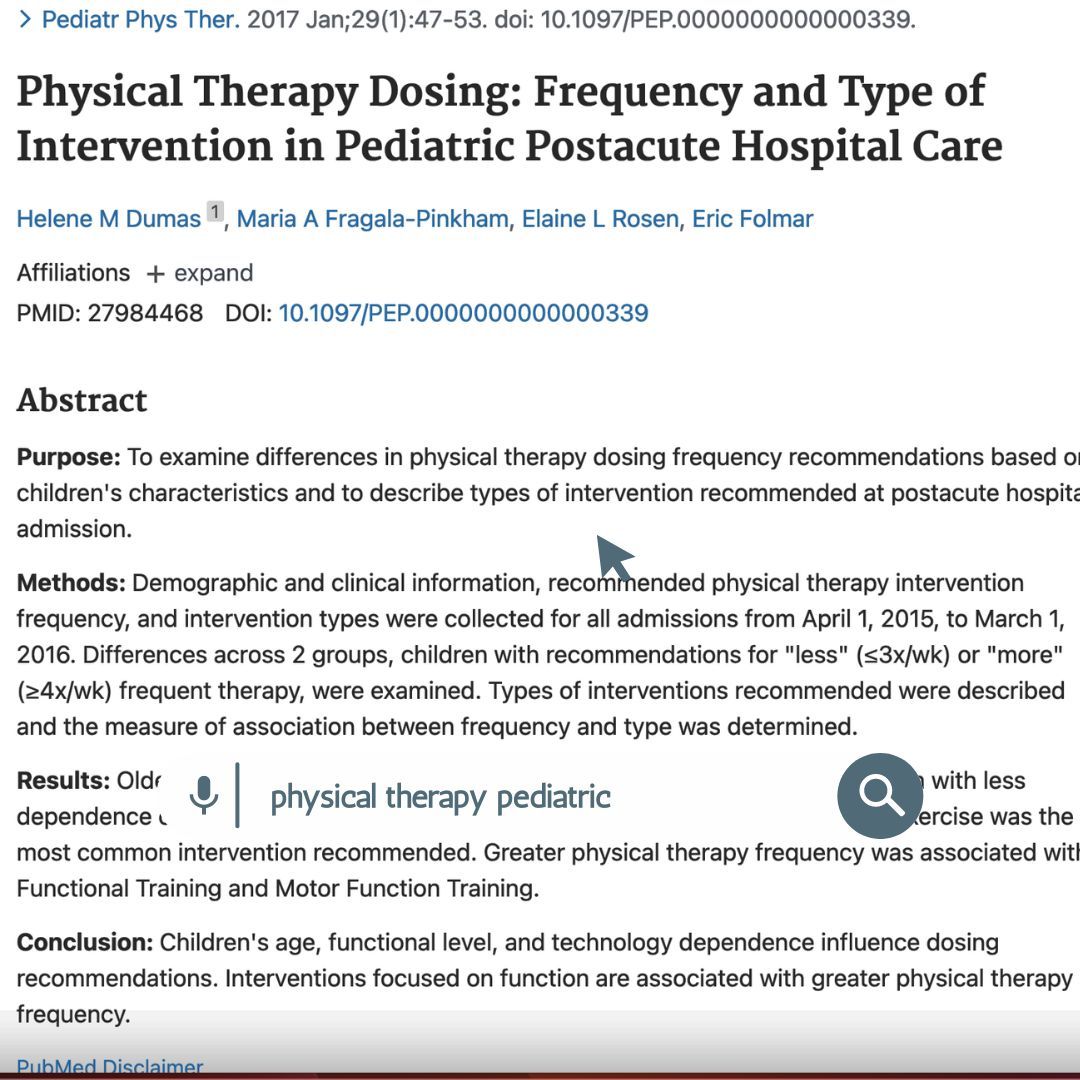 More frequent therapy (≥4x/wk) linked to older age and higher function
Less frequent therapy (≤3x/wk) associated with technology dependence
Recommended interventions: therapeutic exercise, functional and motor function training  Consider age, function, and technology reliance.