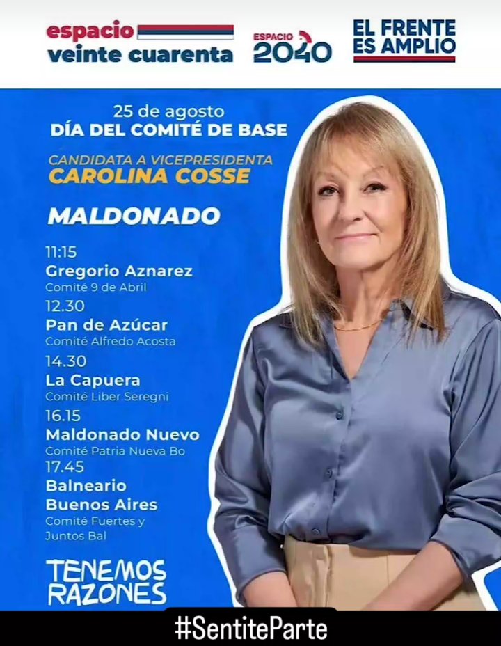 Espacio2040Mvd's tweet image. 📢 Atento Maldonado!

Este 25 de Agosto, día del comité de base, acompañamos a la futura Vicepresidenta en sus recorridas 🔴🔵⚪

#SentiteParte
#Espacio2040

📞092252040