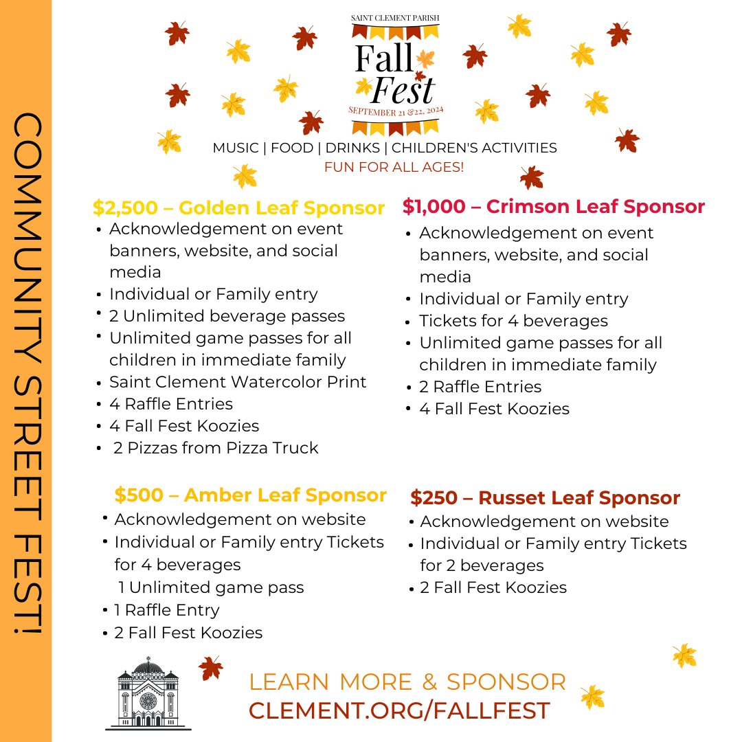 StClement's tweet photo. Fall Fest Sponsorship applications are now live! To apply to become a sponsor, visit https://t.co/d9UmhQnxOX For more information on Fall Fest, you can visit https://t.co/Xf3LPcopRo  #saintclementparish #fallfest2024 https://t.co/qKnswxEbox