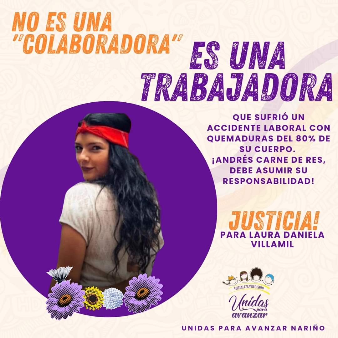 👉🏼Laura Daniela Villamil ❌️NO es una colaboradora, es una TRABAJADORA que sufrió un accidente laboral con quemaduras del 80% de su cuerpo mientras hacía su show de baile en #AndresCarneDeRes

El empleador debe asumir su responsabilidad ‼️

Justicia para Laura Daniela ✊🏼