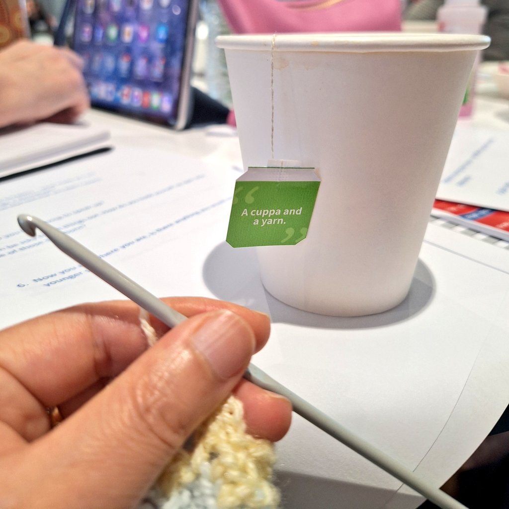 LiangRhea's tweet photo. A cuppa and a yarn. Literally! 🤣🧶🫖
Perfect start to @WestSydHealth interprofessional #FLASH2024 where neurodiversity isn't a problem, in fact no aspect of diversity is, and I love that the healthcare leaders of the future have this level of #DiversityAndInclusion normalised.🤗 https://t.co/18JL3tN7R5