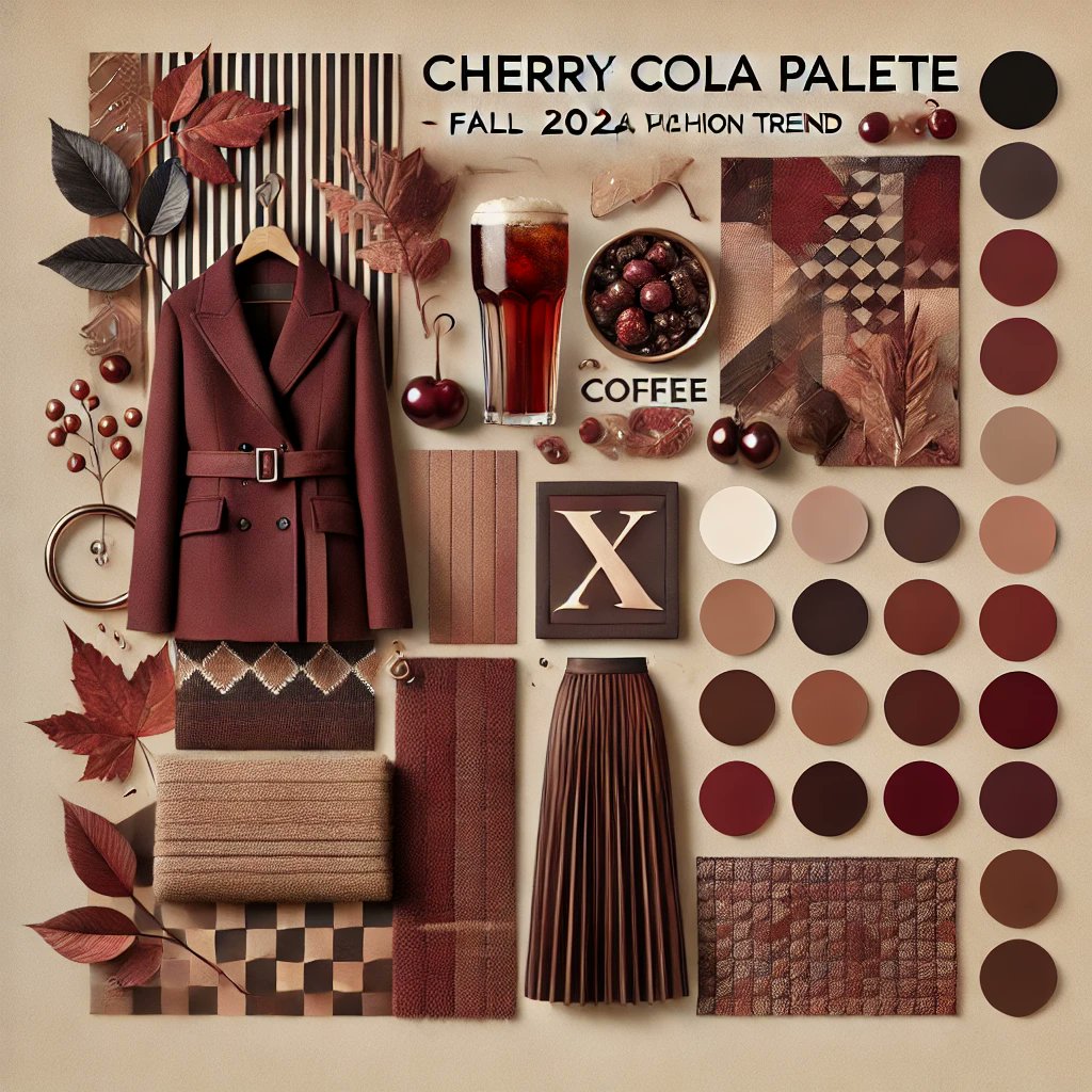 FashionPulseX's tweet photo. 🍒 The Cherry Cola Palette is here to spice up your fall wardrobe! Say hello to deeper shades of berry, coffee, and chestnut—evolving from summer's burgundy tones. Perfect for adding a sophisticated touch to the cooler months. #FallFashion #ColorTrends #CherryColaPalette https://t.co/J1eEVmGq8N
