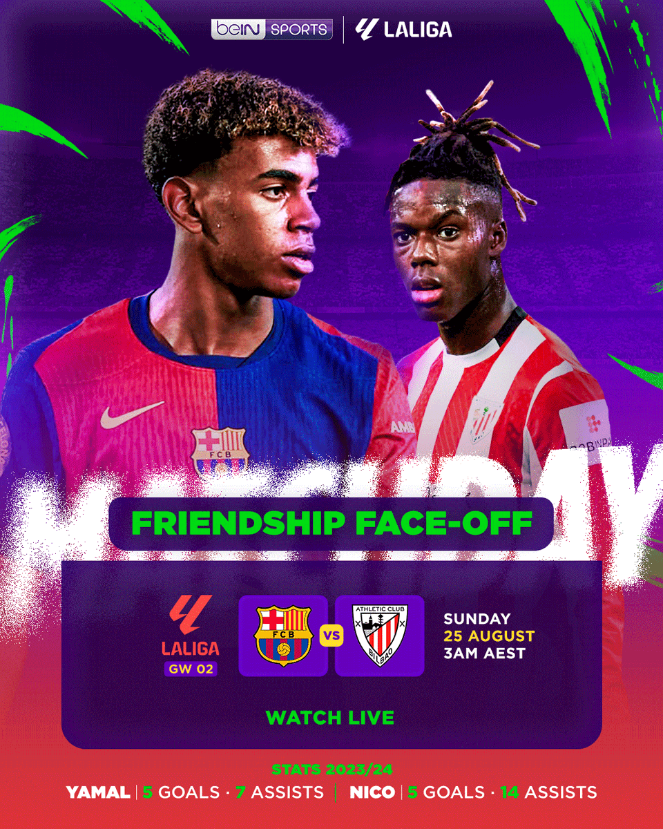 beINSPORTS_AUS's tweet image. 🔥🔥🔥 Spain #EURO2024 stars @LamineeYamal and @NicooWillliams collide when @FCBarcelona hosts @AthleticClub in a @LaLiga showdown this Sunday!

📺 Watch it LIVE on beIN 👉 tinyurl.com/nhjnf5t9