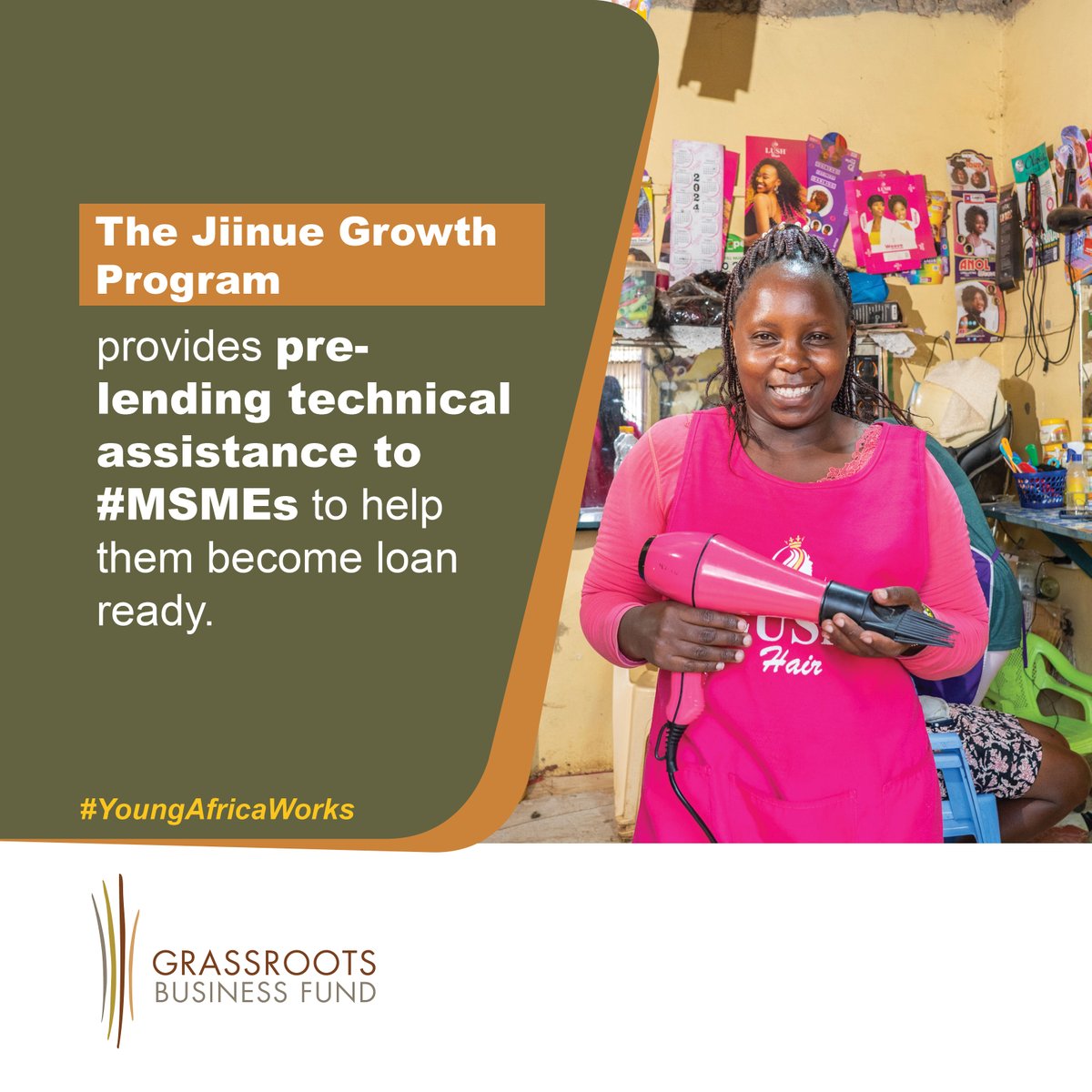 The Jiinue Growth Program in partnership with <a href="/MastercardFdn/">Mastercard Foundation</a> and a consortium of <a href="/G_B_Fund/">Grassroots Business Fund</a> <a href="/KEPSA_KENYA/">KEPSA KENYA</a> <a href="/4gCapital/">4G Capital</a>, <a href="/GROOTSKenya/">GROOTS Kenya</a> <a href="/kenya_chamber/">Kenya Chamber</a> &amp; <a href="/pbpmarketplace/">Powered by People🌻</a> provides pre-lending technical assistance to #MSMEs to help them become loan ready.  #YoungAfricaWorks